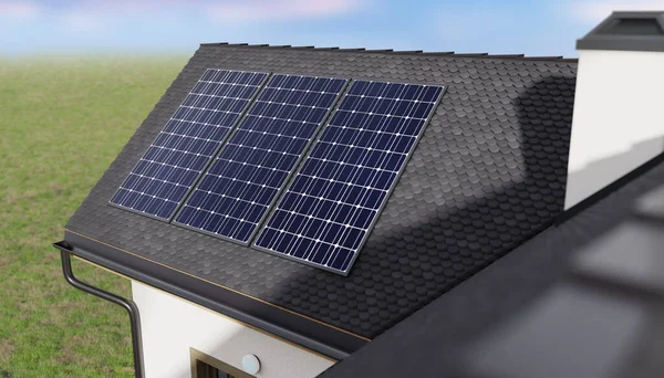 Yenilenebilir Enerji Üreten Bir Evin Çatısındaki Fotovoltaik Güneş Panelleri Boyutlu — Stok fotoğraf