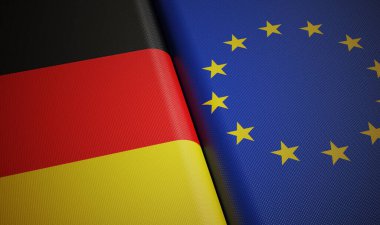 Almanya ve Avrupa Birliği bayrakları. 3 Boyutlu resimleme.