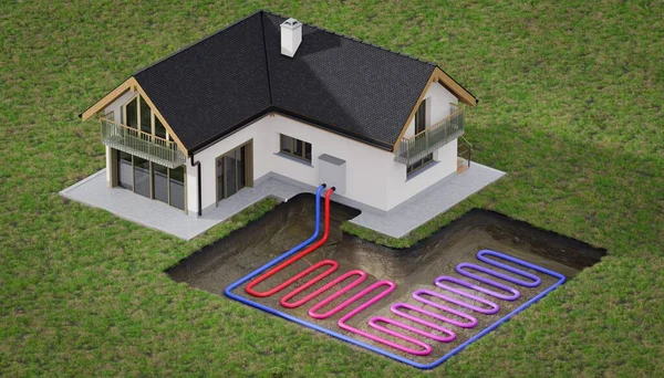 Horizontal Ground Source Heat Pump System Heating Home Geothermal Energy Stock Photo
