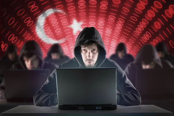 Många Turkiska Hackare Turkiet Flagga Bakgrunden Internetsäkerhetskoncept — Stockfoto