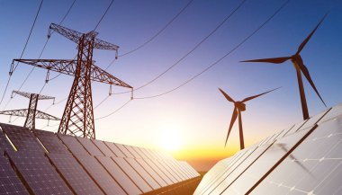Gün batımında arka planda fotovoltaik elektrik santrali ve rüzgar türbinleri. Yenilenebilir enerji kavramı. 3 Boyutlu resimleme.