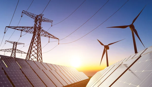 Central Fotovoltaica Turbinas Eólicas Segundo Plano Durante Pôr Sol Conceito — Fotografia de Stock