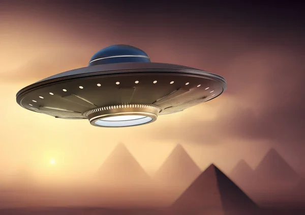 Statek Ufo Lecący Nad Piramidami Egipcie Ilustracja Renderowana — Zdjęcie stockowe