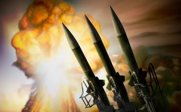 Πυραύλους Και Νέφος Μανιταριών Πυρηνικής Έκρηξης Στο Παρασκήνιο Σχέδιο Πολέμου Φωτογραφία Αρχείου
