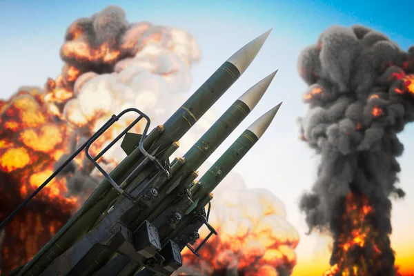 Raketen Mit Sprengköpfen Und Explosionen Hintergrund Kriegskonzept Gerenderte Illustration Stockbild