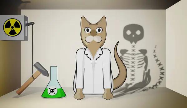 Illustration Der Shroedinger Katze Karton Mit Gift Quantentheorie Und Physik lizenzfreie Stockfotos