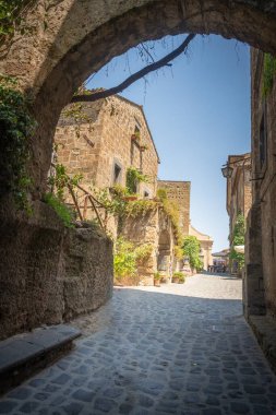 Civita di Bagnoregio 'daki binalar - antik İtalyan kasabası. İtalya, Lazio.