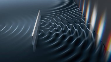 Fizikte çift yarık deneyi. Kuantum fiziği ve parçacık dalga ikiliği kavramı. 3 Boyutlu resimleme.