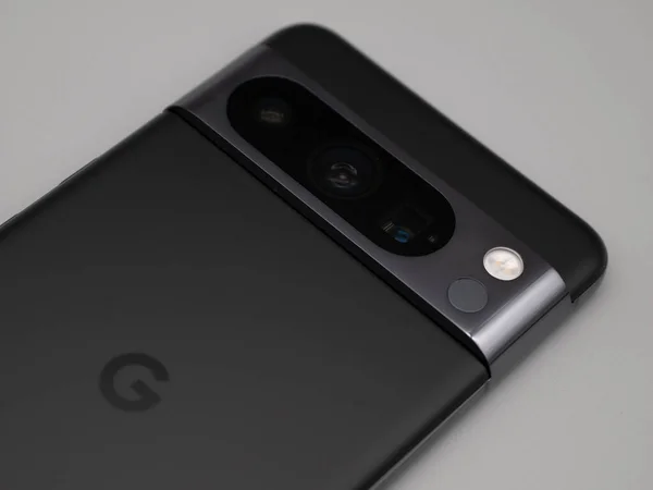 stock image Leeds, UK - November 2023 - Google Pixel 8 Pro Obsidian Black Camera Lens Closeup