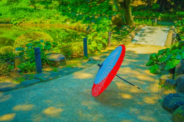 Red White Japanese Umbrella Shooting Location Shinjuku Tokyo — Stock Photo, Image