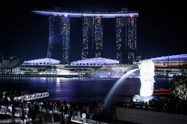 Merlion ve Singapur kasabası. Çekim Konumu: Singapur