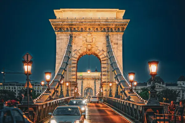 Secheni Bridge and night traffic. Shooting Location: Hungary, Budapest