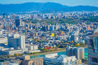 Fukuoka şehrinin manzarası. Çekim Konumu: Fukuoka Bölgesi
