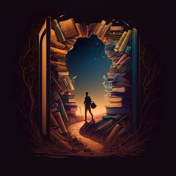 Young Man Traveler Wanderer Book Lover Fantasy World Literature Start 免版税图库图片