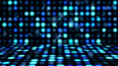 3D mavi disko parti ışıkları odası. Kamera yere odaklanmış ve yüzen parçacık. Soyut daire disko ışıkları bokeh canlandırma arkaplanı