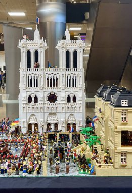 Gothic cathedral made of Lego on show at Belle Etoile shopping centre, Strassen, Luxembourg - January 27, 2023