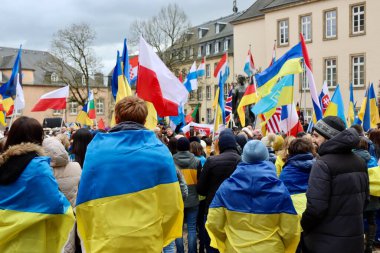 Rally in support of Ukraine on one year anniversary since the invasion. Luxembourg, Luxembourg - February 25, 2023