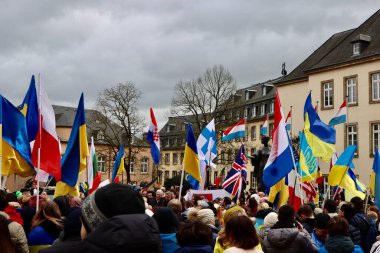 Rally in support of Ukraine on one year anniversary since the invasion. Luxembourg, Luxembourg - February 25, 2023