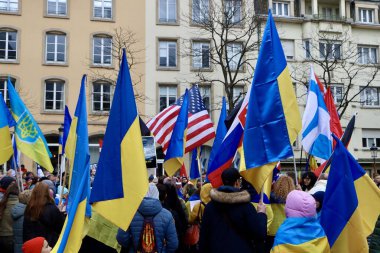 Rally in support of Ukraine on one year anniversary since the invasion. Luxembourg, Luxembourg - February 25, 2023