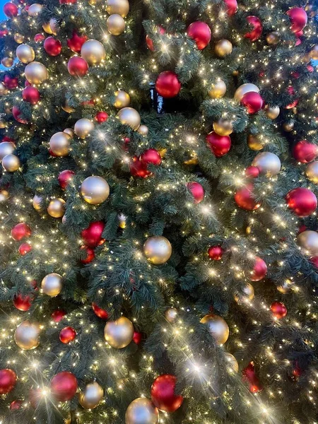 Albero Natale Sfondo Tema Con Palline Rosse Oro Rami Albero — Foto Stock
