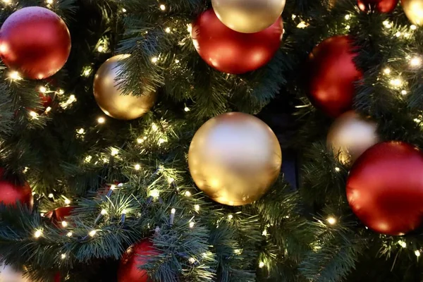Weihnachtsbaum Themenhintergrund Mit Roten Und Goldenen Kugeln Äste Kleine Led — Stockfoto