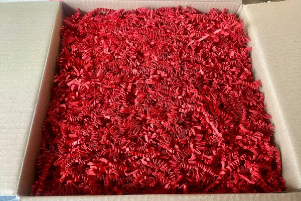 Box Full Red Package Filling Paper Only Shredded Zig Zag — Stock Photo, Image