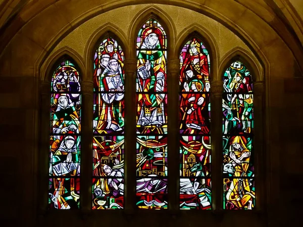 Modern Stained Glass Window Echternach Willibrord Basilica Church Showing Monks — Stock Photo, Image