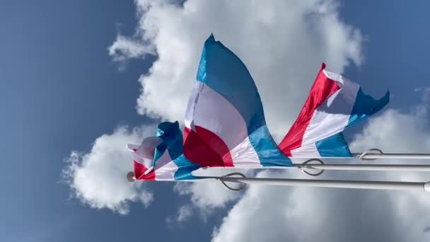 Three Luxembourg Flags Waving Wind Bright Sunny Summer Day Vertical — Video Stock
