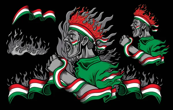 Bandera Hungría Elementos Fuego Con Gente Gritando — Archivo Imágenes Vectoriales