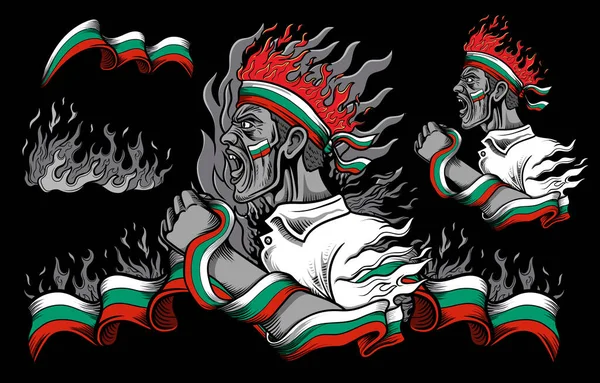 人々が叫んでブルガリアの旗と火の要素 — ストックベクタ