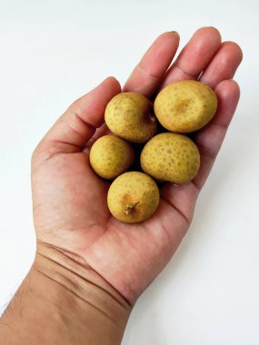 Beyaz arka planda bir demet taze, Longan meyvesi. Bu görüntü yemek, sağlıklı beslenme ve tropikal meyve temaları için mükemmel..