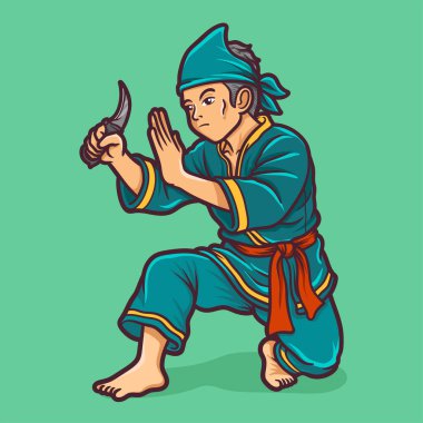 Bir Endonezyalı Minang silat uygulayıcısının geleneksel kerambit hançeri ile dinamik bir duruş sergilediği vektör çizimi..