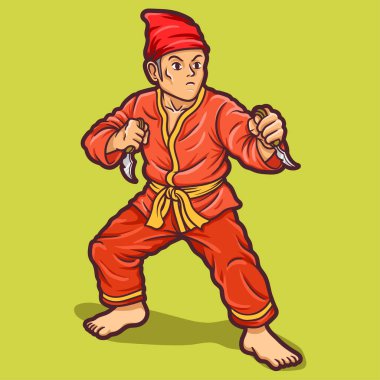 Bir Endonezyalı Minang silat uygulayıcısının geleneksel kerambit hançeri ile dinamik bir duruş sergilediği vektör çizimi..