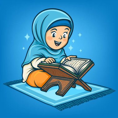 Küçük Müslüman Kız Mutlu bir şekilde Kuran okumayı öğreniyor.