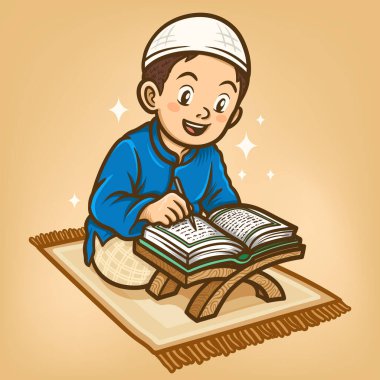 Uygulamalı Kur 'an okuyan mutlu bir çocuğun tasviri
