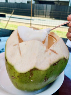 Serinletici Yeşil Hindistan cevizi İçeceği ve Taze Et Kaşıkla Kaynatıldı