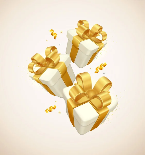 Witte Geschenkdozen Decoratieve Feestelijke Object Met Gouden Strikken Gouden Pailletten — Stockvector