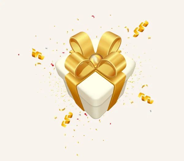 白い背景に金色の弓と金のスパンコールのコンフェッティと白いギフトボックスの装飾的なお祝いのオブジェクト — ストックベクタ
