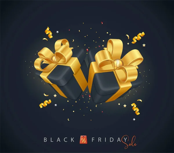 黑色礼品盒 黑色星期五特价设计用黑色背景的金色蝴蝶结隔离 矢量图形