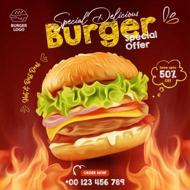 BBQ ızgara ateşiyle nefis ev yapımı hamburger, Yemek menüsündeki promosyonlar için sosyal medya şablonları