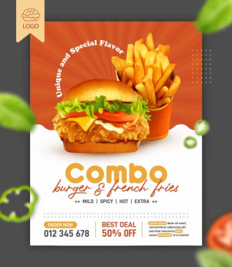 Kızarmış tavuk burger ve kızartma afişi tasarım şablonu.