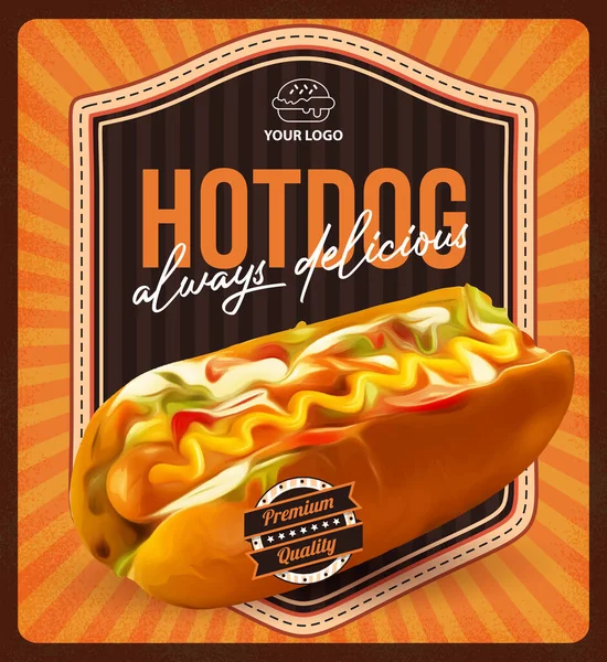 Tekenen Hot Dog Heerlijke Fast Food Poster Sjabloon Rechtenvrije Stockillustraties