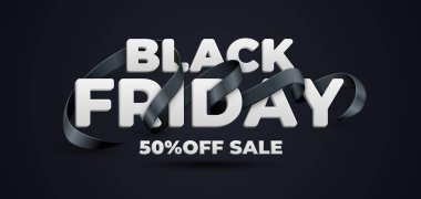 Siyah arkaplanda soyut 3D siyah eğimli kurdele. Güzel Kara Cuma etkinlik satışı afişi