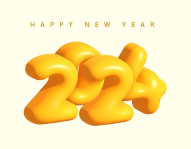 Mutlu yıllar 2024. 3D Gerçekçi Altın Balonlar. Vektör illüstrasyonu