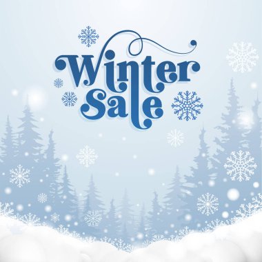 Özel kış indirimi, düz kış manzarası. Karlı arka planlar. Kar yığınları. Kar yağışı. Açık mavi gökyüzü. Karlı hava. Poster için tasarım elemanları. Vektör illüstrasyonu EPS10