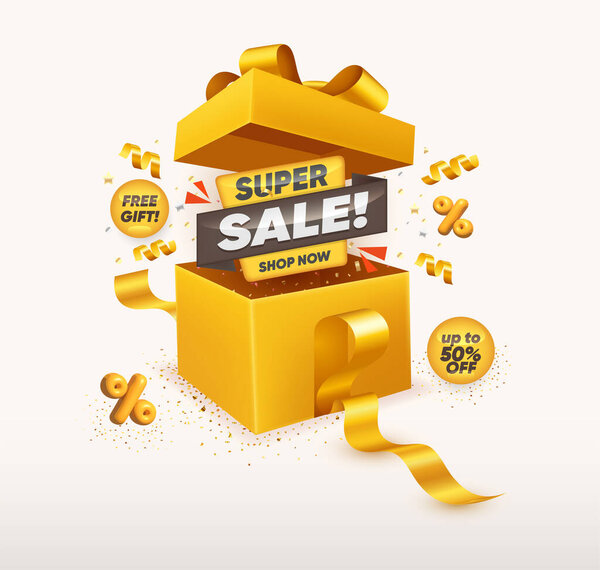 Супер Продажа ограниченное предложение. Акция с открытой подарочной коробкой, конфетти и лентой на белом фоне