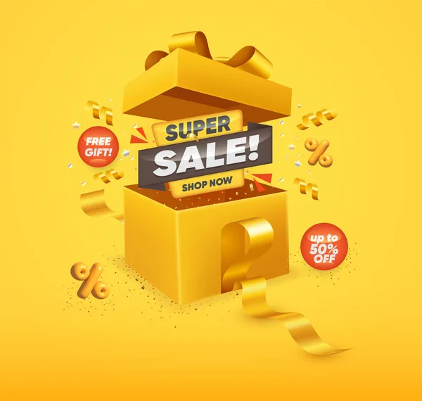 Super Sale Limited Offer Promotion Tag Mit Realistischem Offenen Geschenkkarton lizenzfreie Stockvektoren