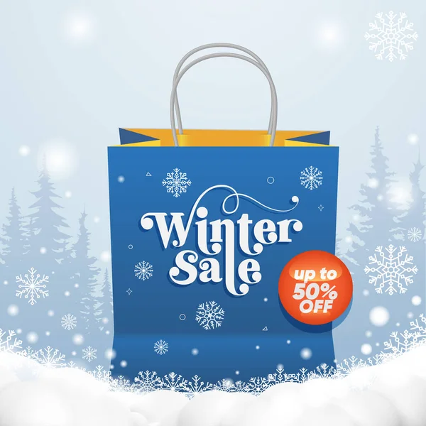 冬季特价销售与购物袋和雪花在冬季景观 白雪的背景 矢量说明Eps10 免版税图库插图