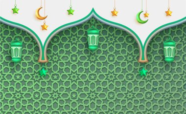 Ramazan Mübarek, arap desenli ve arabesk dekorasyonlu arkaplanı selamlıyor
