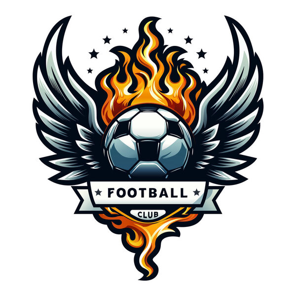 Футбольный шаблон логотипа с мячом, крыльями и огненным элементом. Векторная иллюстрация Eps-10.